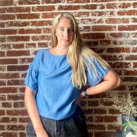 LOFT ruffle sleeve denim style blouse - Picture 2 of 6